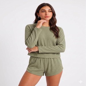 Premium Mario Rib Lounge Set for Women | Soft Ribbed Full Sleeve Top with Shorts | Stylish Nightwear & Relaxed Homewear Co-Ord