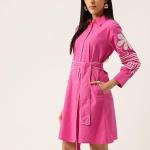 Women Embroidery 3/4th Sleeve Solid Pink Button Down Midi Dress with Belt | Casual One Piece | Summer Outfit | Collared Neck | 100% Cotton