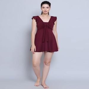 Women Front Tie Knot Ruched Frock Style Padded One Piece Swimming Costume