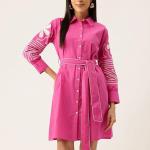 Women Embroidery 3/4th Sleeve Solid Pink Button Down Midi Dress with Belt | Casual One Piece | Summer Outfit | Collared Neck | 100% Cotton