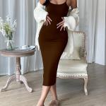 Black Solid Bodycon Midi Side Split Thigh Dress for Women's & Girl's