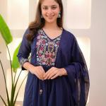 Women Embroidery Solid Anarkali Kurta and Pant Set with Dupatta