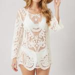 Women's Lace Beach Cover Up Embroidered Swimsuit Coverups Full Sleeve Boho Sheer Bathing Suit Swim Dress for Poolside, Seaside and Party