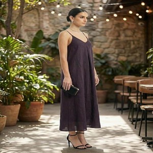 Impression Women's Cotton Solid Smocked Shirred Dress Shoulder Strap A-Line Gown for Women