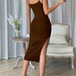 Black Solid Bodycon Midi Side Split Thigh Dress for Women's & Girl's