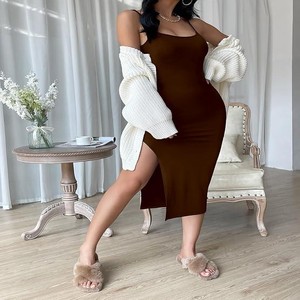 Black Solid Bodycon Midi Side Split Thigh Dress for Women's & Girl's