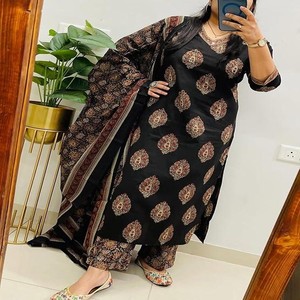 Women's Cotton Trending Straight Kurta with Pants and Dupatta Set | Ethnic Set (BLACK)