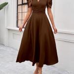 Girl's & Women's Solid Color V-Neck A-Line Maxi Dress for Women | New Year Party Outfit | Waist Cinched Puff Sleeve Western |