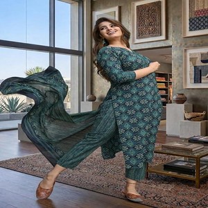 Women Printed Cotton Kurta Pant Set with Dupatta | Straight Kurta Set for Women | Ethnic Wear Suit Set |