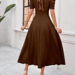 Girl's & Women's Solid Color V-Neck A-Line Maxi Dress for Women | New Year Party Outfit | Waist Cinched Puff Sleeve Western |