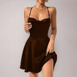 Women's & Girls' Brown Solid Cowl Neck Backless Satin Mini Dress