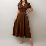 Girl's & Women's Solid Color V-Neck A-Line Maxi Dress for Women | New Year Party Outfit | Waist Cinched Puff Sleeve Western |