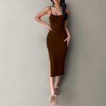 Black Solid Bodycon Midi Side Split Thigh Dress for Women's & Girl's