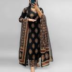 Women's Cotton Trending Straight Kurta with Pants and Dupatta Set | Ethnic Set (BLACK)