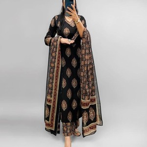 Women's Cotton Trending Straight Kurta with Pants and Dupatta Set | Ethnic Set (BLACK)