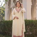 Designer Kurta Sets for Women Viscose Blend Embroidered | Kurta Palazzo Dupatta Set | Designer Kurti Set for Women | V Neck Full Sleeve Ethnic Suit | Indian Kurta Outfit with Palazzo Pants