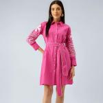Women Embroidery 3/4th Sleeve Solid Pink Button Down Midi Dress with Belt | Casual One Piece | Summer Outfit | Collared Neck | 100% Cotton
