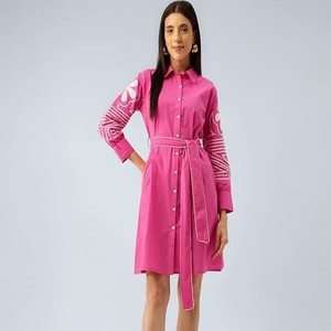 Women Embroidery 3/4th Sleeve Solid Pink Button Down Midi Dress with Belt | Casual One Piece | Summer Outfit | Collared Neck | 100% Cotton