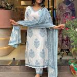 Women Cotton Block Printed Kurta Pant With Dupatta