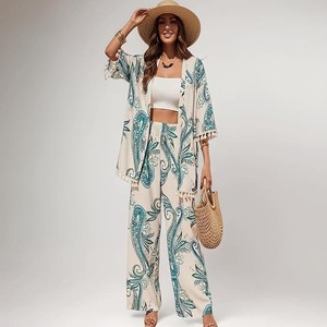 Fashion Co Ord Set for Women Stylish | Summer Travel Co-Ord Set Short Sleeve Shirt & Wide-Leg Pant | Paisley Printed Stylish Casual Outfit for Summer Cord for Women | Dress for Woman