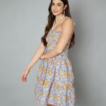 Fashions Breathable Cotton Printed Smocking Midi Tier Dress for Women