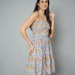 Fashions Breathable Cotton Printed Smocking Midi Tier Dress for Women
