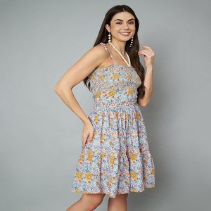 Fashions Breathable Cotton Printed Smocking Midi Tier Dress for Women