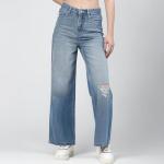 Women Flared High Rise Distressed Blue Jeans