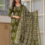 Women's Pure Cotton Printed Straight Kurta Set with Palazzo Pants & Dupatta- Ethnic Wear, Green