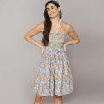 Fashions Breathable Cotton Printed Smocking Midi Tier Dress for Women
