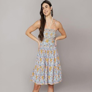 Fashions Breathable Cotton Printed Smocking Midi Tier Dress for Women