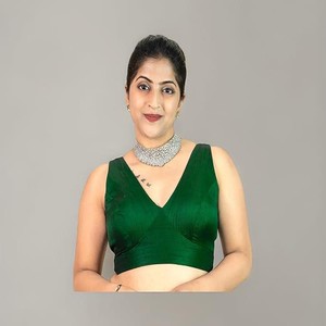 Women's Dupion Raw Silk Sleeveless V Neck Sabyasachi Cut Readymade Saree Blouse Padded Stitched Lining Designer Indian Festive Blouse